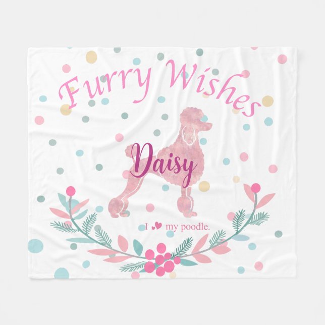 Pastel Pink Christmas - Poodle Custom Name Fleece Blanket (Front (Horizontal))