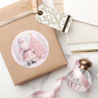 Pastel Pink Christmas Santa Classic Round Sticker