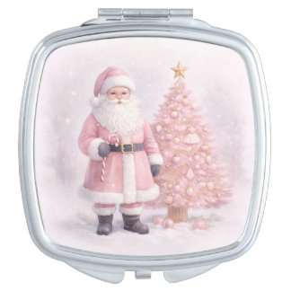 Pastel Pink Christmas Santa Compact Mirror