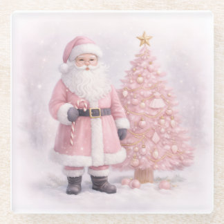 Pastel Pink Christmas Santa Glass Coaster