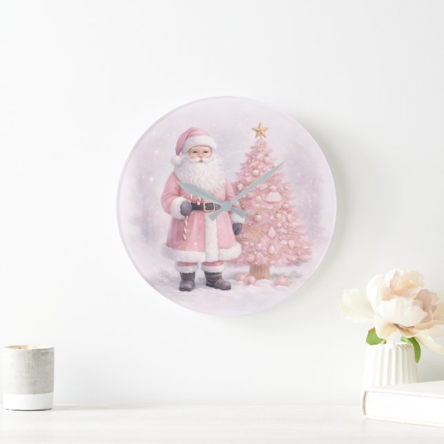Pastel Pink Christmas Santa  Large Clock (Home)