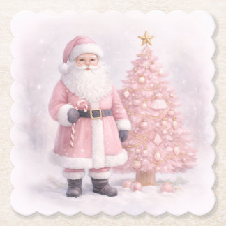 Pastel Pink Christmas Santa Paper Coaster