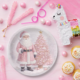 Pastel Pink Christmas Santa Paper Plates