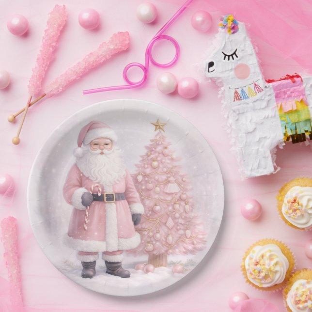 Pastel Pink Christmas Santa  Paper Plates (Party)