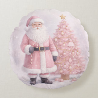 Pastel Pink Christmas Santa Round Pillow