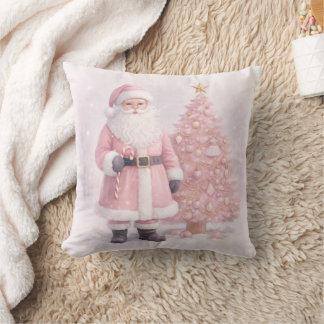 Pastel Pink Christmas Santa Throw Pillow