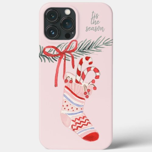 Pastel Pink Christmas Stocking Tis the Season iPhone 13 Pro Max Case