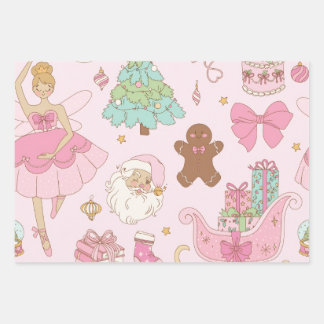 Pastel Pink Christmas Trees Bows Holiday Wrapping Paper Sheets