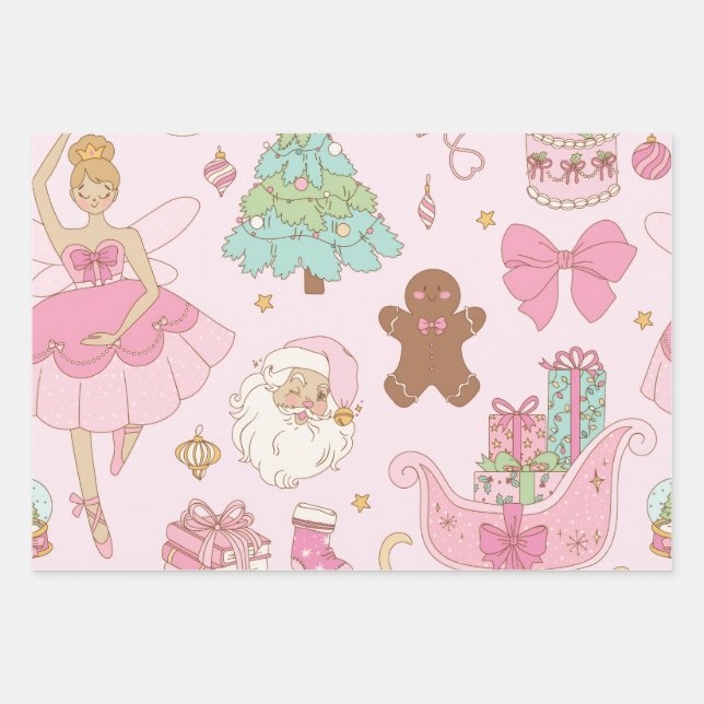 Pastel Pink Christmas Trees Bows Holiday  Wrapping Paper Sheets (Front)