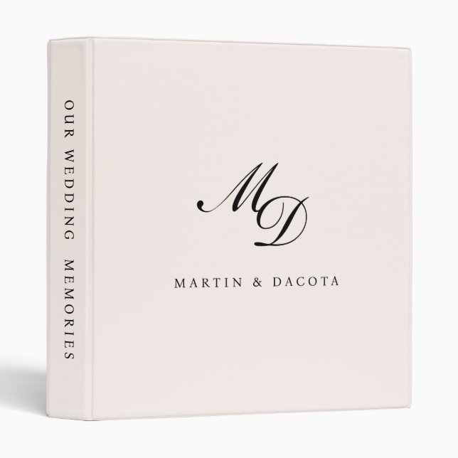 Pastel Pink Classic Script Initial Wedding 3 Ring Binder (Front/Spine)