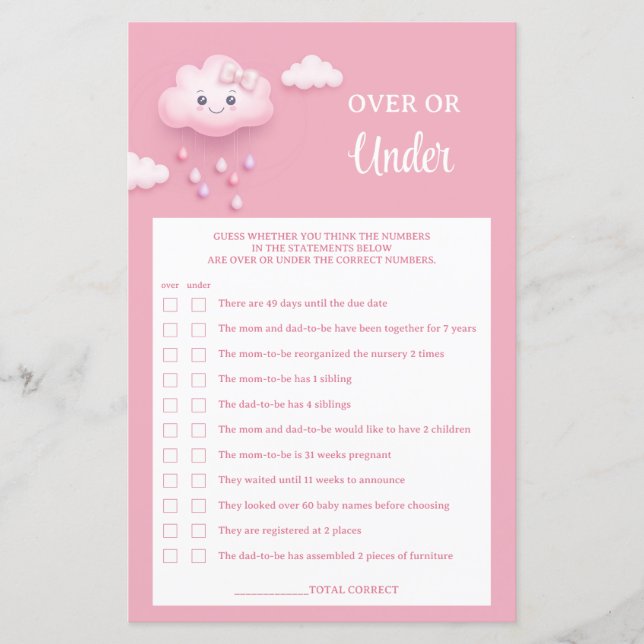 Pastel pink cloud nine 9 over or under baby game (Front)