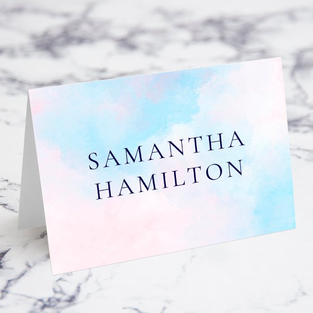 Pastel Pink Clouds Watercolor Name Place Cards (Pastel Pink and White Clouds Sky Blue Watercolor Cormorant Font Name Place Cards)