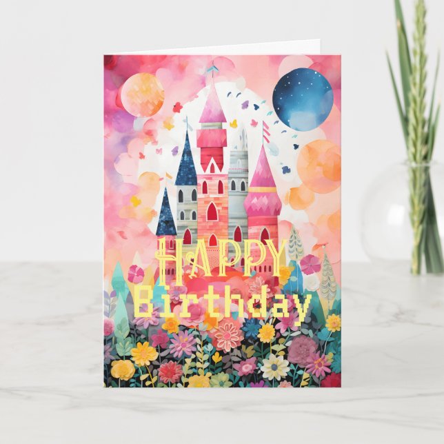 Pastel Pink Colorful Magical Castle Folded Card (Front)