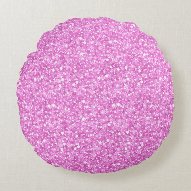 Pastel Pink Colors Faux Glitter & Sparkles Print Round Pillow (Front)