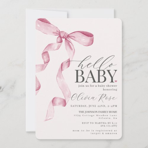Pastel Pink Coquette Bow Girl Baby Shower Invite