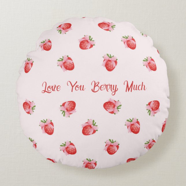 Pastel Pink Coquette Strawberry Personalized Round Pillow (Front)