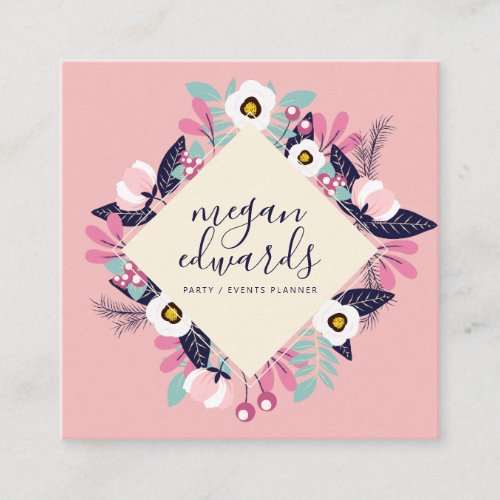 Pastel pink cream script boho floral illustration square business card