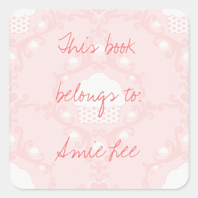 Pastel Pink Cupcake Square Custom Text Bookplates (Front)