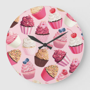 Pastel Pink Cupcakes: Vintage Pattern. Large Clock