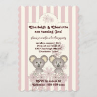 Pastel Pink Cute Baby Koala Twin Girl Birthday Invitation