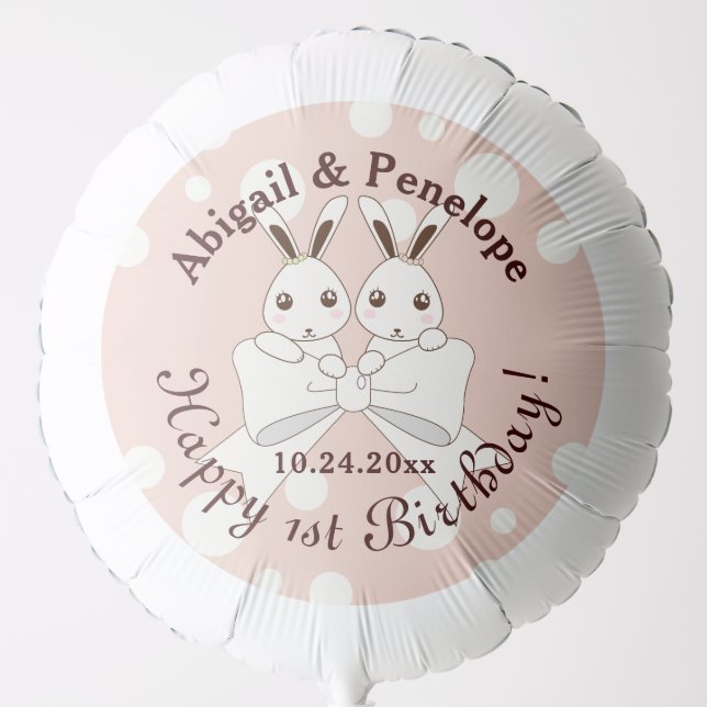 Pastel Pink Cute Bunny Twin Girl Birthday Balloon (Front)