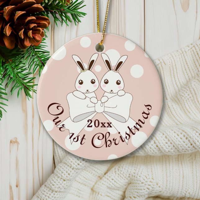 Pastel Pink Cute Bunny Twin Girl Christmas Ceramic Ornament (Creator Uploaded)