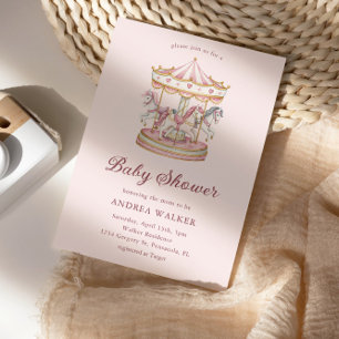 Pastel Pink Cute Carousel Girl Baby Shower Invitation