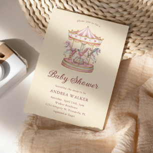 Pastel Pink Cute Carousel Girl Baby Shower Invitation