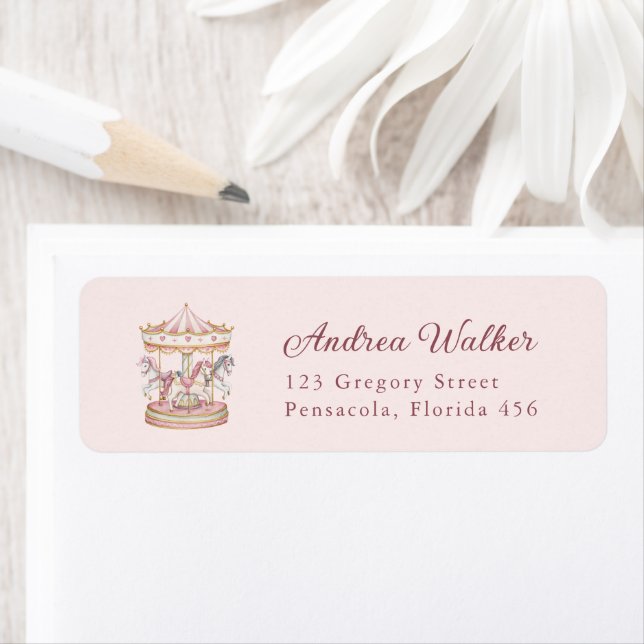 Pastel Pink Cute Carousel Girl Baby Shower Label (Insitu)