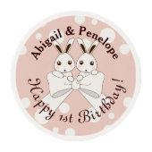 Pastel Pink Cute Cartoon Bunny Twin Girl Birthday Edible Frosting Rounds (Front)