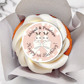 Pastel Pink Cute Cartoon Bunny Twin Girl Birthday Edible Frosting Rounds