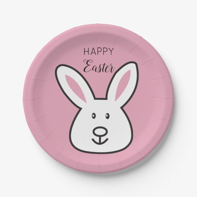 Pastel Pink Cute Easter Bunny Illustration Paper Plates (Front)