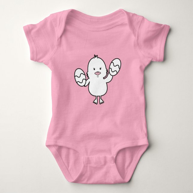 Pastel Pink Cute Easter Chick & Eggs Illustration Baby Bodysuit (Front)