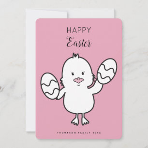 Pastel Pink Cute Easter Chick & Eggs Illustration  Holiday Card