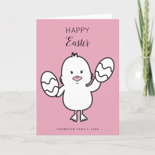 Pastel Pink Cute Easter Chick & Eggs Illustration  Holiday Card