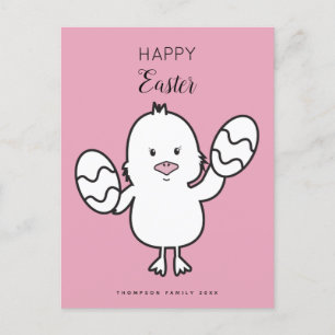 Pastel Pink Cute Easter Chick & Eggs Illustration  Holiday Postcard