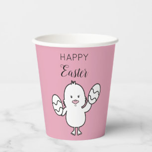 Pastel Pink Cute Easter Chick & Eggs Illustration Paper Cups