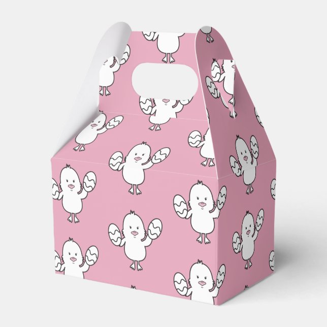 Pastel Pink Cute Easter Chick & Eggs Pattern Favor Boxes (Front Side)