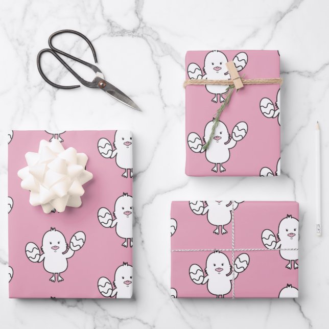 Pastel Pink Cute Easter Chick & Eggs Pattern Wrapping Paper Sheets (Front)