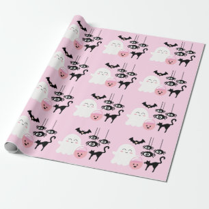Pastel Pink Cute Ghost and Spiders Halloween Wrapping Paper