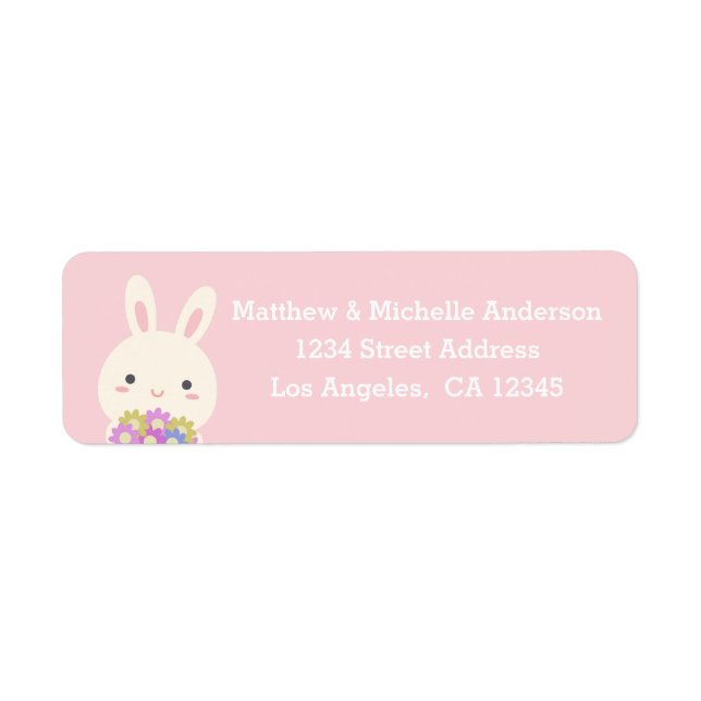 Pastel Pink Cute Kawaii Bunny Rabbit With Flowers Label (Front)