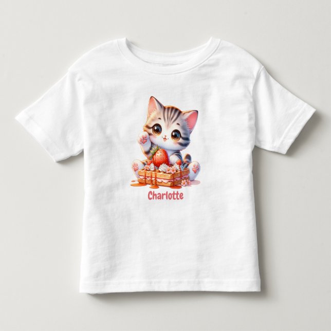Pastel Pink Cute Kitten with Dessert Waffles Toddler T-shirt (Front)