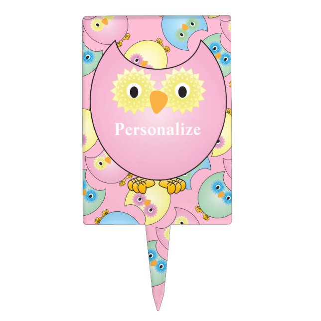 Pastel Pink Cute Owl Baby Shower Theme Cake Topper (Front)