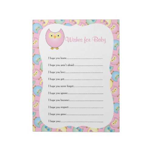 Pastel Pink Cute Owl Baby Shower Theme _ Wishes Notepad