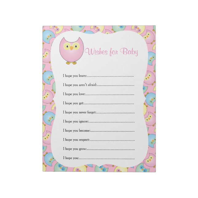 Pastel Pink Cute Owl Baby Shower Theme - Wishes Notepad (Rotated)