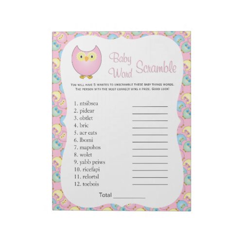 Pastel Pink Cute Owl Baby Shower Theme Word Game 2 Notepad