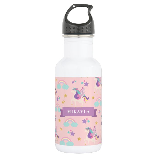 Pastel Pink | Cute Rainbow Unicorn Kids Stainless Steel Water Bottle (Front)
