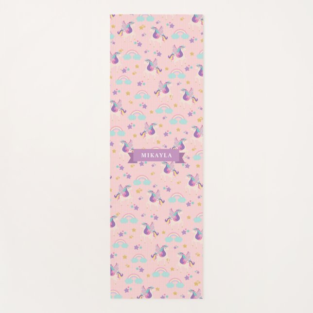 Pastel Pink | Cute Rainbow Unicorn Pattern Kids Yoga Mat (Front)