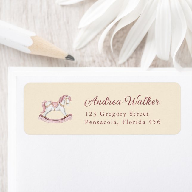 Pastel Pink Cute Rocking Horse Girl Baby Shower Label (Insitu)
