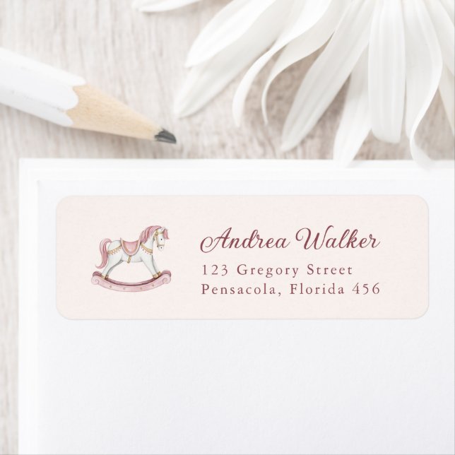 Pastel Pink Cute Rocking Horse Girl Baby Shower Label (Insitu)